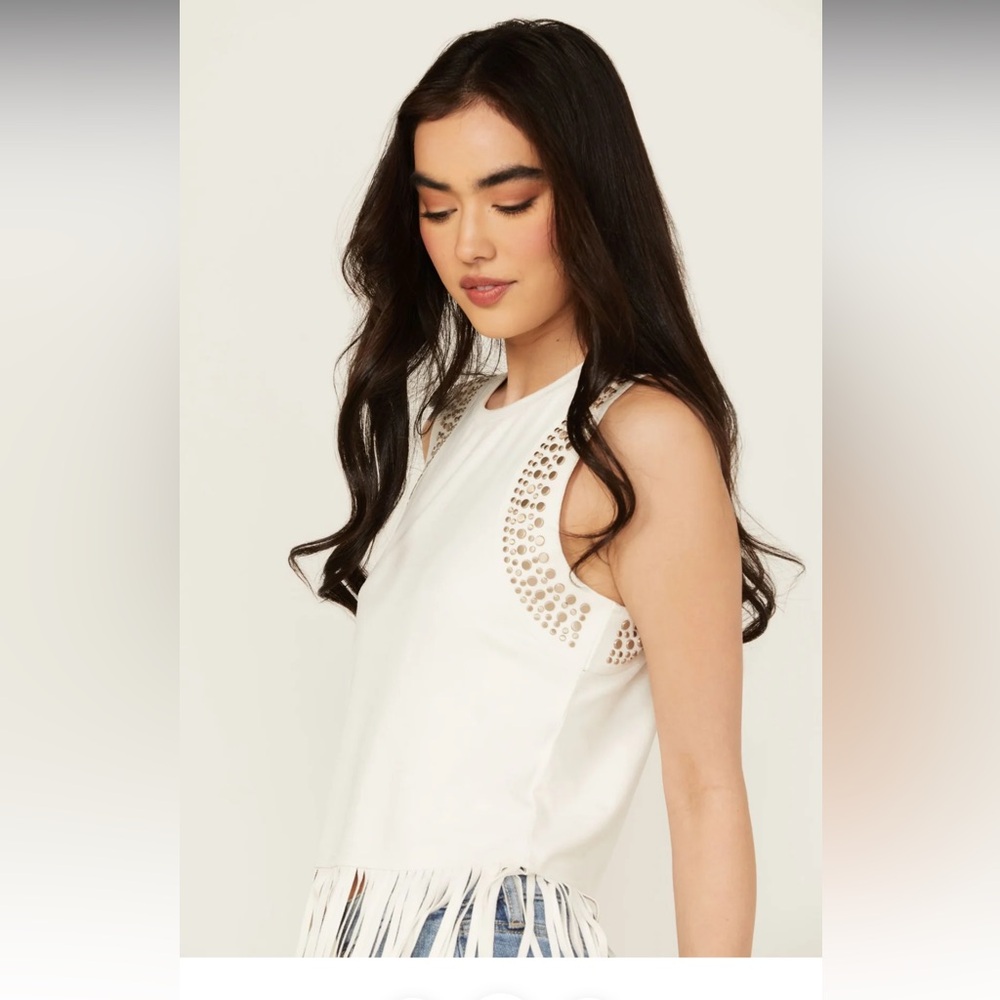 NWT//IDYLLWIND IVORY LILLIAN STUDDED FRINGE FAUX SUEDE TANK TOP - Picture 4 of 6